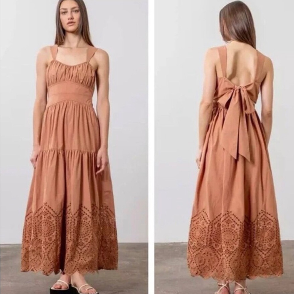Anthropologie Joie Cotton Tiered Eyelet Cutout Back Terracotta Sundress Size S